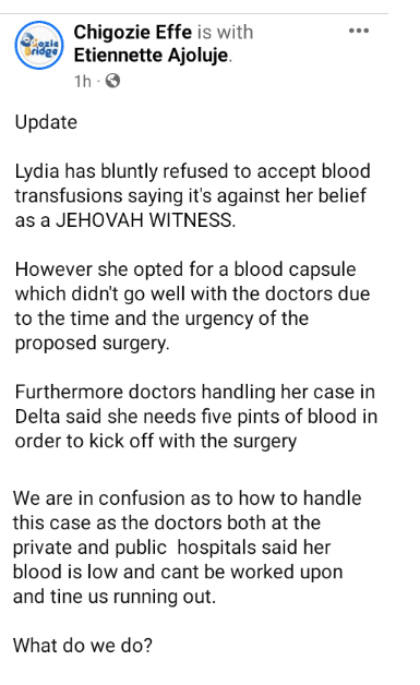 Jehovah's witness woman in dire need of surgery rejects blood transfusions as per religious belief