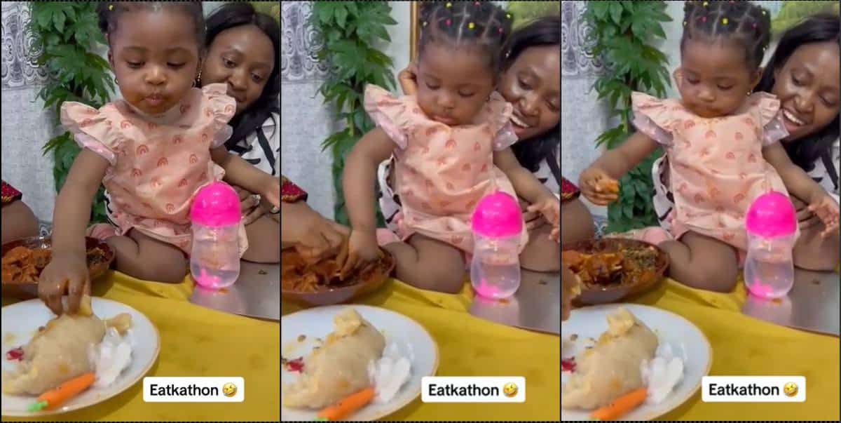 Baby causes a stir as she drags bowl of eba with mother (Video)