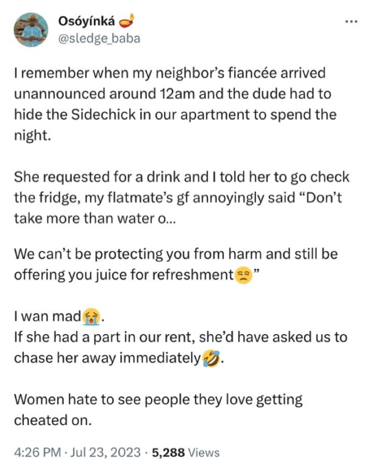 Man recounts how his flatmate's girlfriend confronted hidden side chick when neighbour's fiancée arrived unannounced