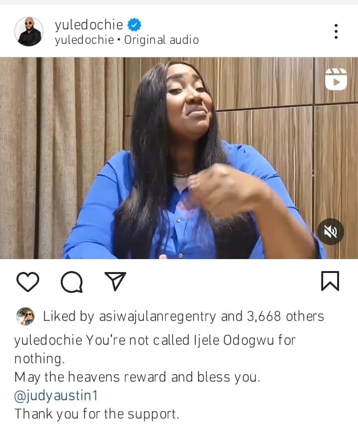 “You’re not called Ijele Odogwu for nothing” — Yul Edochie gushes over Judy Austin for defending him