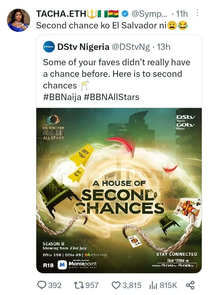 Tacha mocks BBNaija over 'second chance' in All Stars show