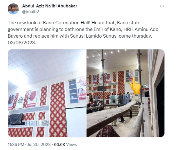 Confusion in Kano State as dethroned emir's portrait resurfaces at government house