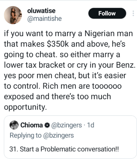 Nigerian lady links high income to infidelity