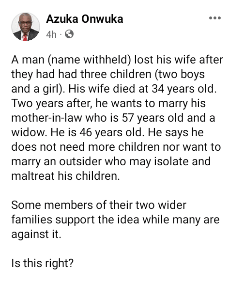 Nigerian man plans marrying his widowed mother-in-law 2 years after wife's death