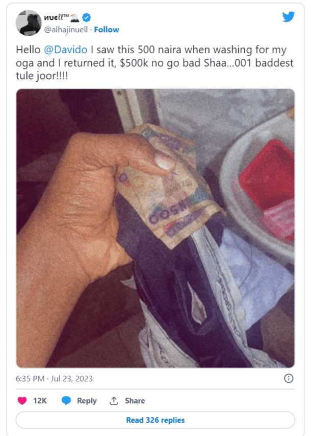 Man calls on Davido for reward after returning N500 found in employer's clothes