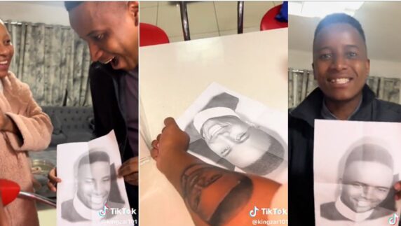 Husband screams with joy as his wife surprises him on his birthday with a tattoo of his face on her arm (Video)