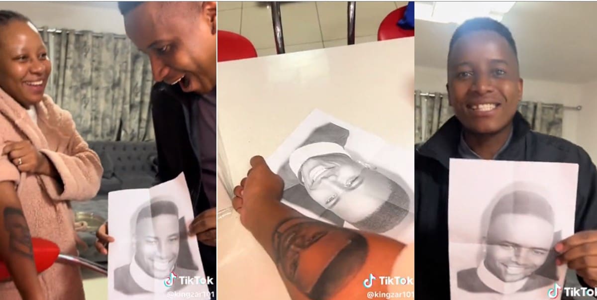 Husband screams with joy as his wife surprises him on his birthday with a tattoo of his face on her arm (Video)