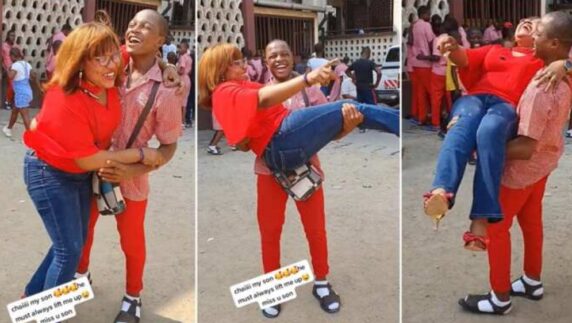 Boarding school boy super excited, lifts his mum like a baby as she visits him in school