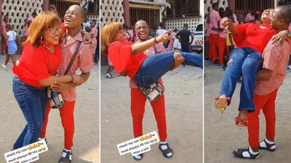 Boarding school boy super excited, lifts his mum like a baby as she visits him in school