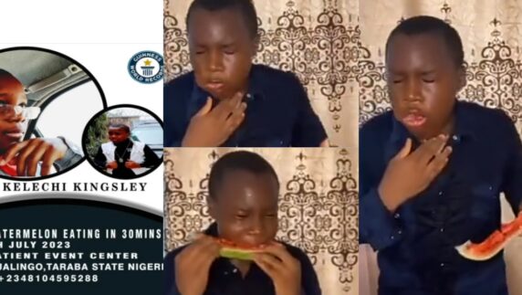 Nigerian boy makes history as he sets new Guinness World Record for most watermelon eaten in 30 seconds (Video)