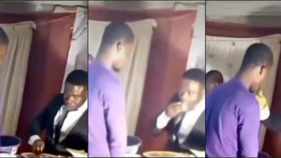 Pastor eats eba, gives members thumb to lick during communion service (Video)