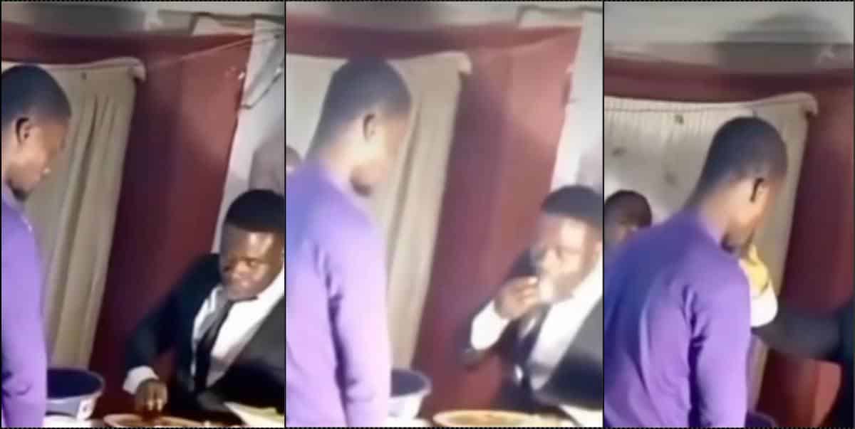 Pastor eats eba, gives members thumb to lick during communion service (Video)