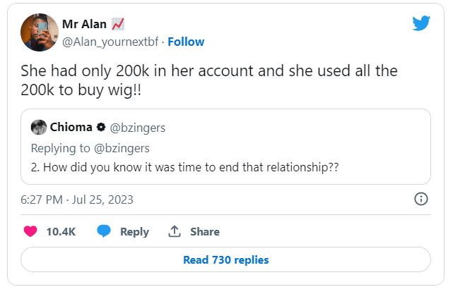 "She had only 200k account, used all to buy wig"- Man ends relationship with girlfriend after spends her entire savings on wig