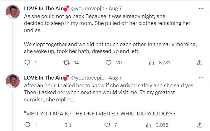 Nigerian man confused as lady who slept overnight at his place for the first time shames him for 'not doing anything'