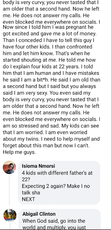 22-year-old pregnant woman with twins dumped by boyfriend after he discovered she has 4 children with different fathers