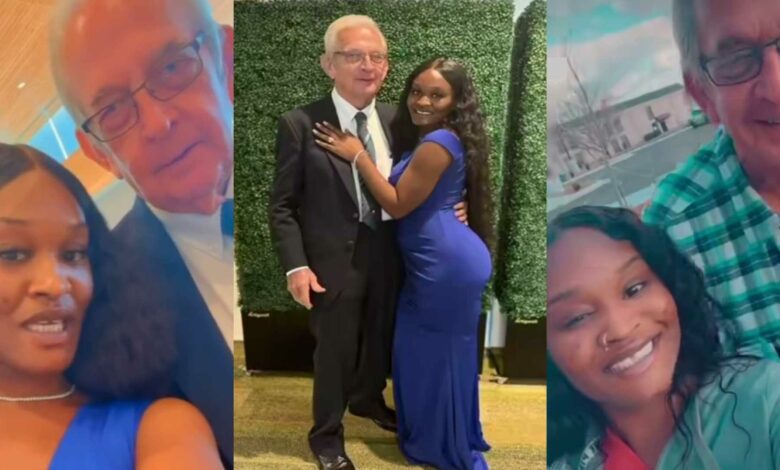 Young lady peppers singles as she shows off her 82-year-old Caucasian husband