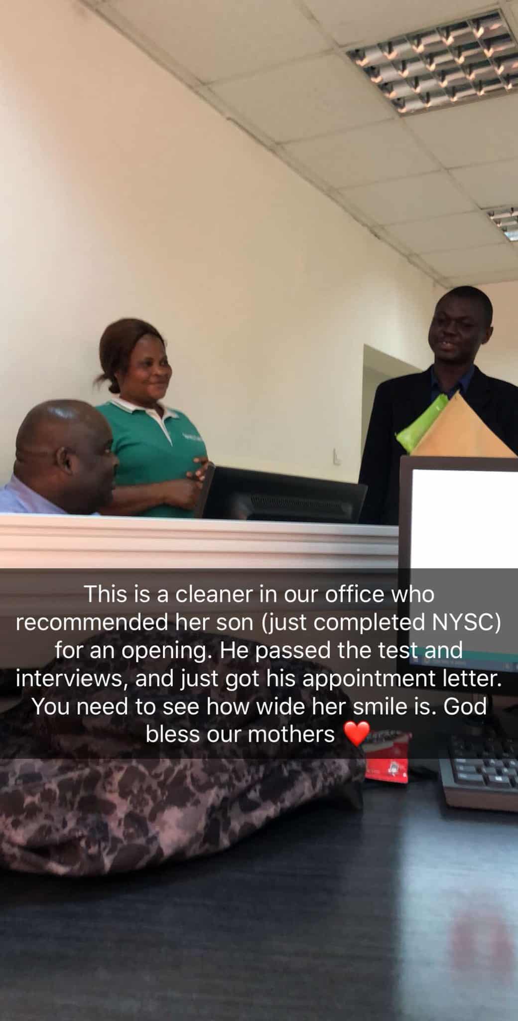 Cleaner recommends son who just completed NYSC at workplace, gets hired