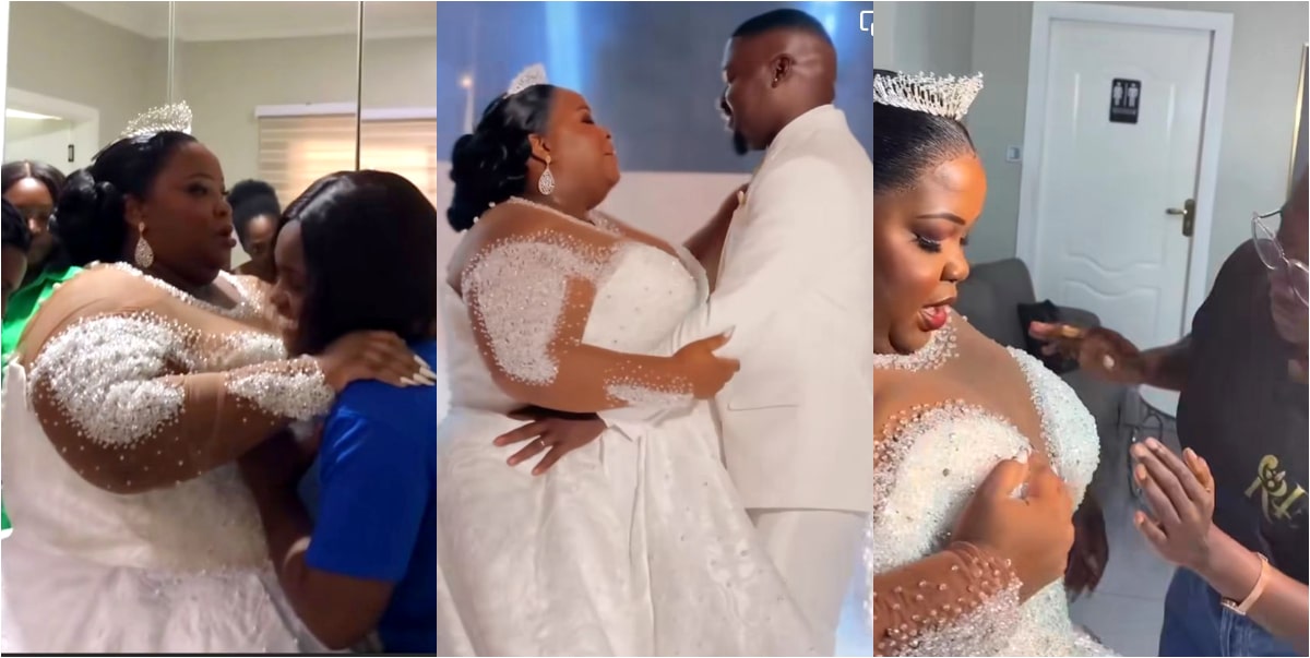 "No be small struggle" - Drama as 5 people struggle to wear wedding gown for plus size bride (Video)