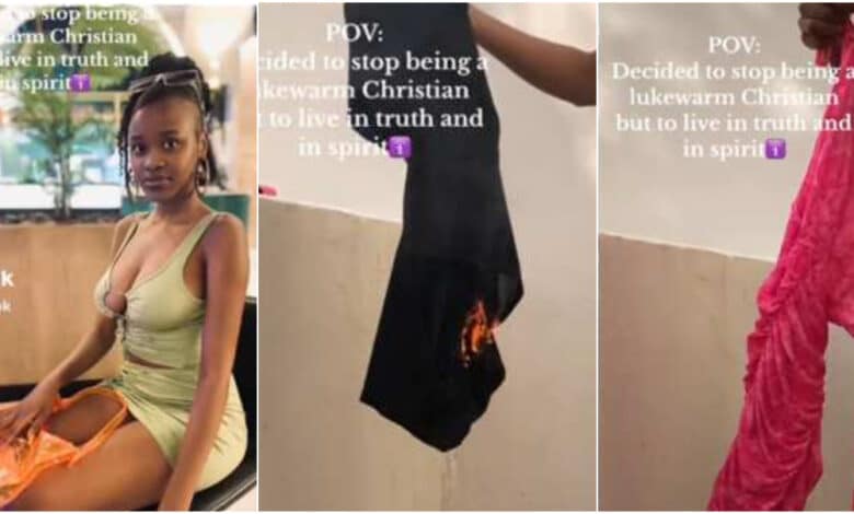 "Officially born again"- Lady causes a stir as she sets fire on all skimpy clothes in her wardrobe 