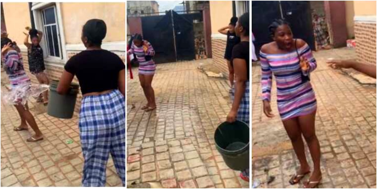 Lady disgraces young sister for wearing short dress to church, pours water on her