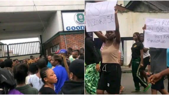 Rivers State University female students stage protest over continuous robbery attacks on their hostels (Video)
