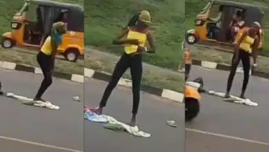 Lady runs mad after being dropped by an alleged yahoo boy in middle of a road