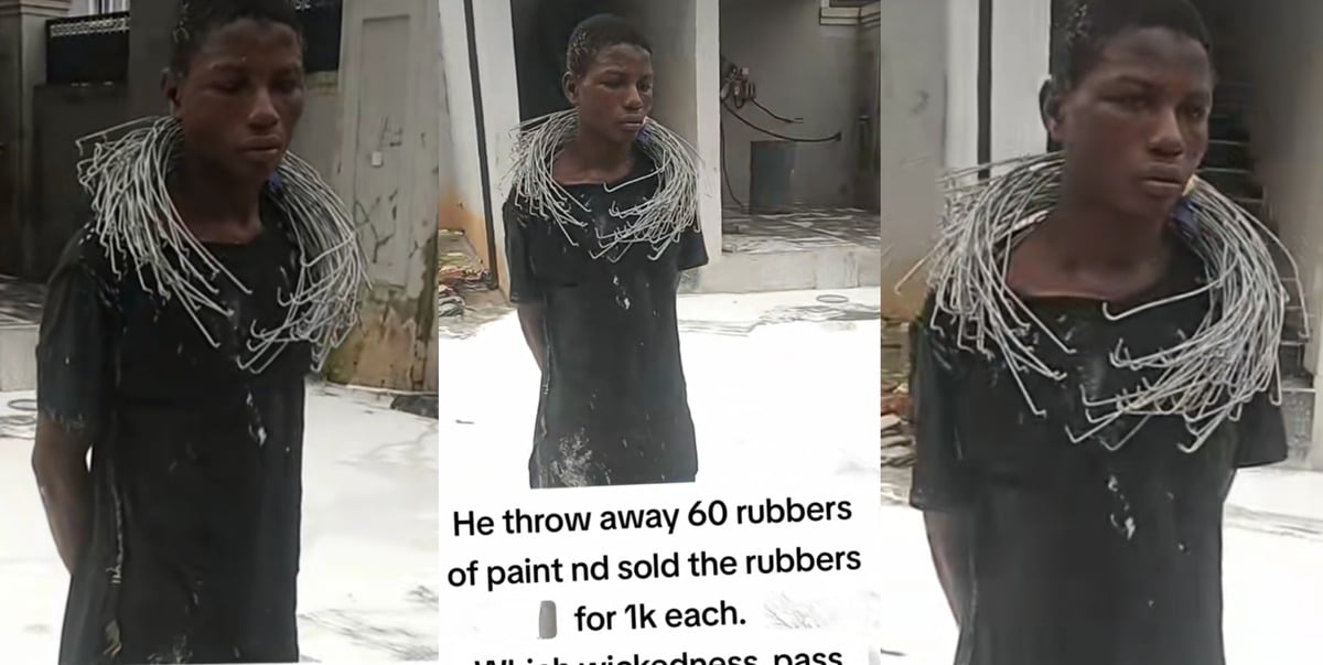 “This wickedness na highest” – Young boy paraded as thief after disposing 1.5m worth of paint, sells each can for 1k (Video)