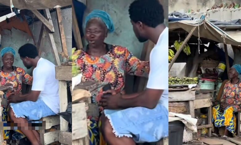 Elderly Woman Tears Bananas Oranges Stranger