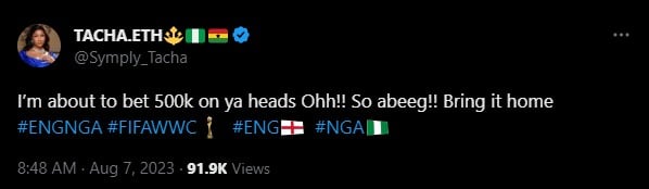 Tacha loses N500K bet as Super Falcons lose against England