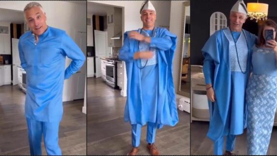 American man gushes as he rocks Agbada outfit for the first time (Video)