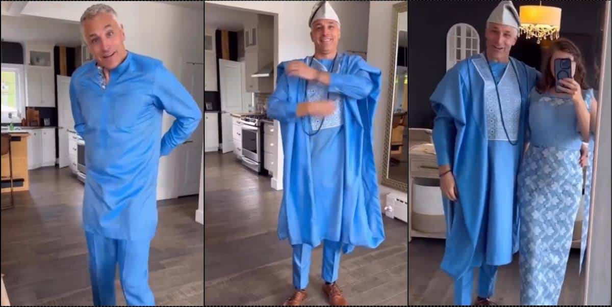 American man gushes as he rocks Agbada outfit for the first time (Video)