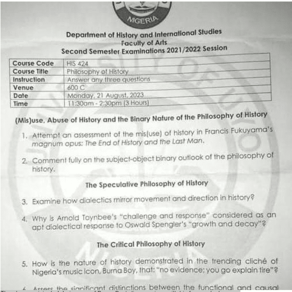 University of Uyo causes a stir as Burna Boy's catchphrase 'YOU GO EXPLAIN TIRE' appears in examination paper