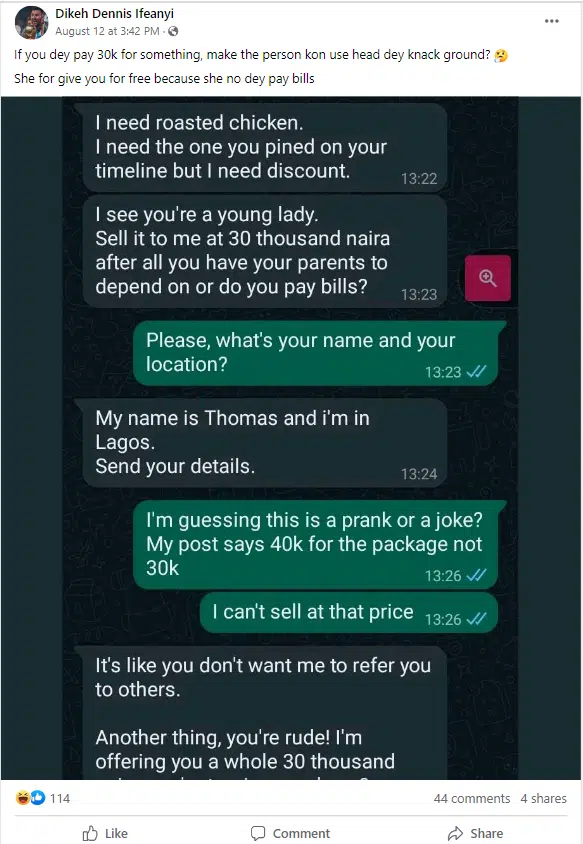"40k last, non-negotiable" - Customer laments as vendor declines his offer to buy roast chicken for 30k