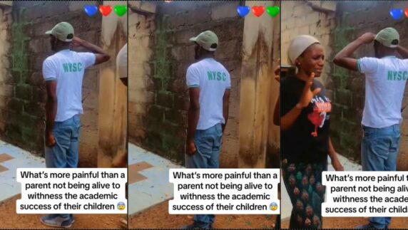 With tears, corper pays respect to late parent's grave after completing NYSC (Video)