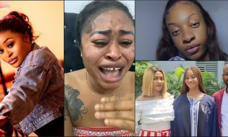 Sarah Martins tears up as she refutes allegations of paying trolls to threaten Yul and May Edochie's daughter