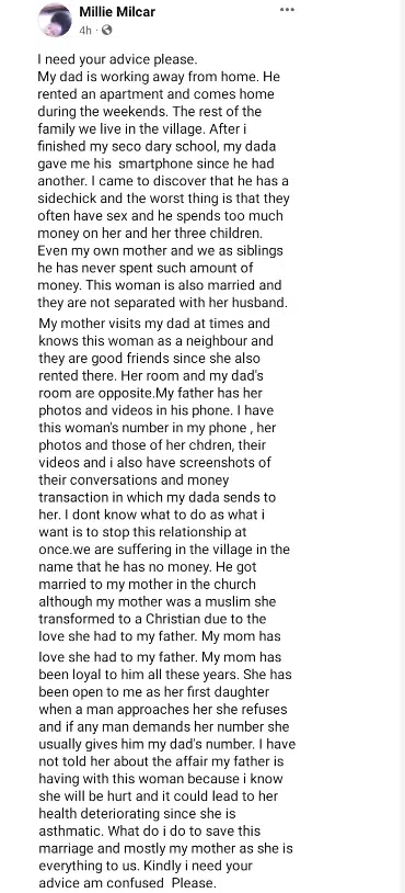 "My mom will be hurt if I tell her" - Young lady seeks advice after discovering her father's affair with married 'side chick'