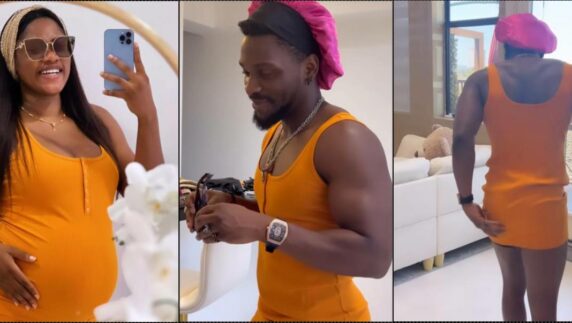 Tobi Bakre leaves singles drooling as he rocks pregnant wife's outfit (Video)
