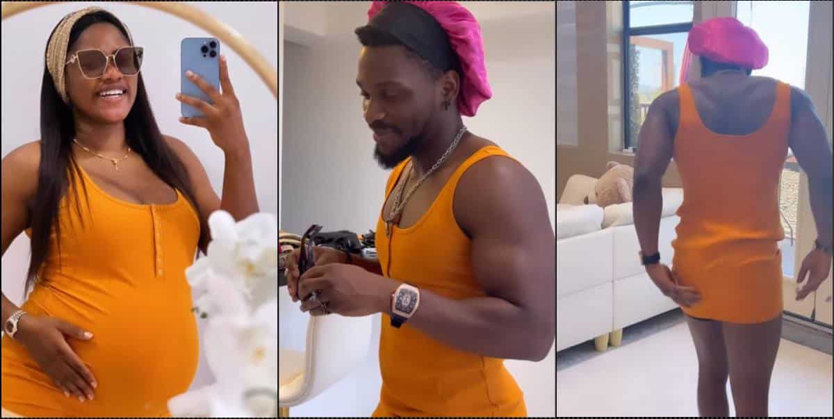 Tobi Bakre leaves singles drooling as he rocks pregnant wife's outfit (Video)