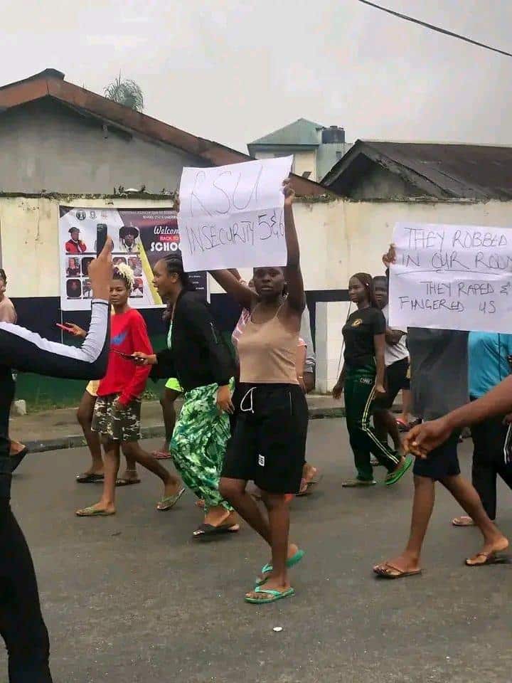 Rivers State University female students stage protest over continuous robbery attacks on their hostels (Video)