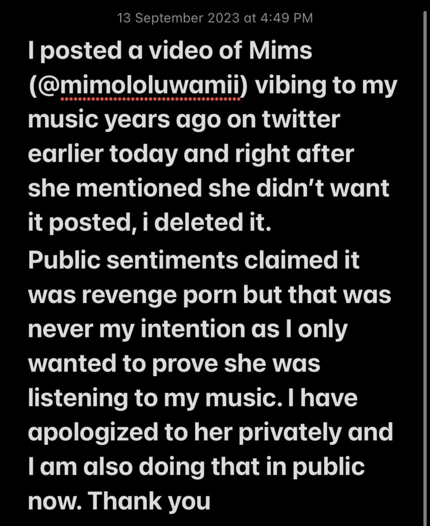 Smada’s apology to X user @mimololuwamii