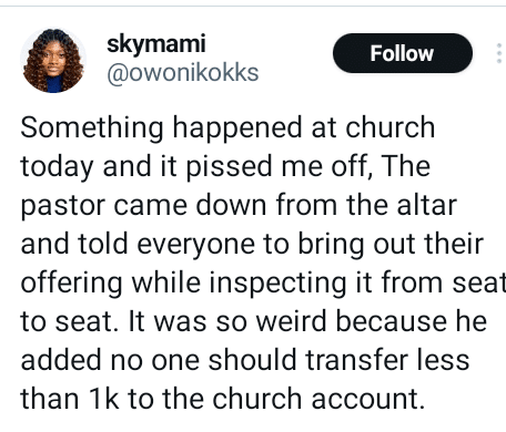Church member narrates how pastor monitored amount of offering, told everyone not to transfer below 1k