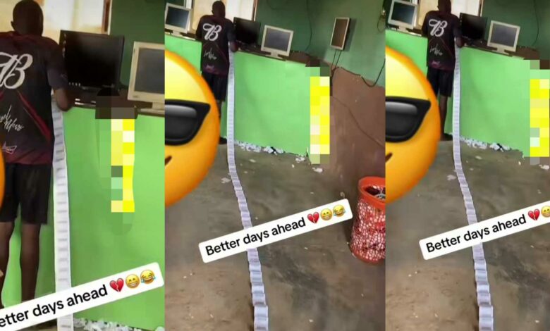 "Him wan turn millionaire by all means" – Reactions as man is spotted with very long ticket at betting centre