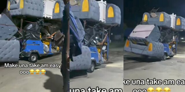 "Na full house this Keke carry so" – Man shocked by amount of load carried by tricycle in Delta