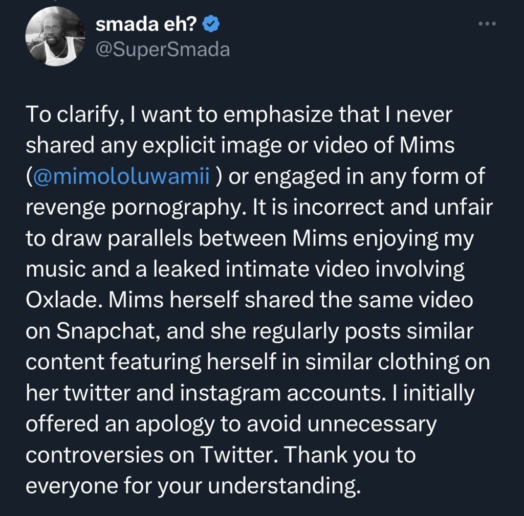 Smada clarifying that he did not post the tweet as revenge porn.