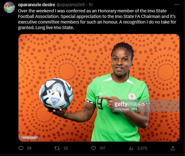 Imo FA names Desire Oparanozie as Honorary Member