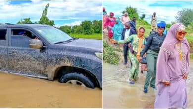 Bauchi first lady Aisha Bala Muhammad forced to walk through floodwaters as her convoy gets stuck in mud