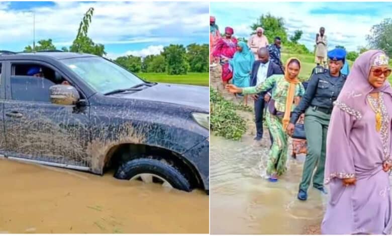 Bauchi first lady Aisha Bala Muhammad forced to walk through floodwaters as her convoy gets stuck in mud