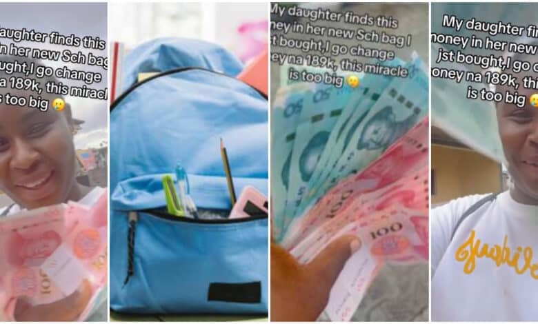 "I received almost N200k" - Woman over the moon as she finds Chinese Yuan notes inside her child’s new schoolbag (Video)
