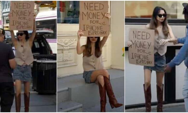  "I need money for Apple phone"  - Lady gifted latest iPhone 15 Pro Max after storming street with placard (Video)