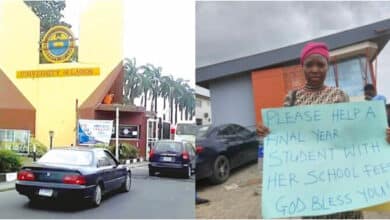 UNILAG final year student carries placard to beg for N225,000 school fees